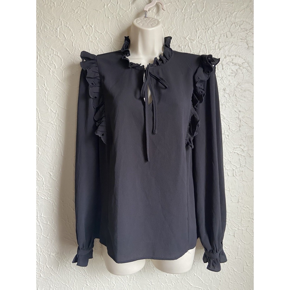 CeCe Black Ruffle Cuff Blouse Top Keyhole Tie Neck Sz M Dark Academia Preppy